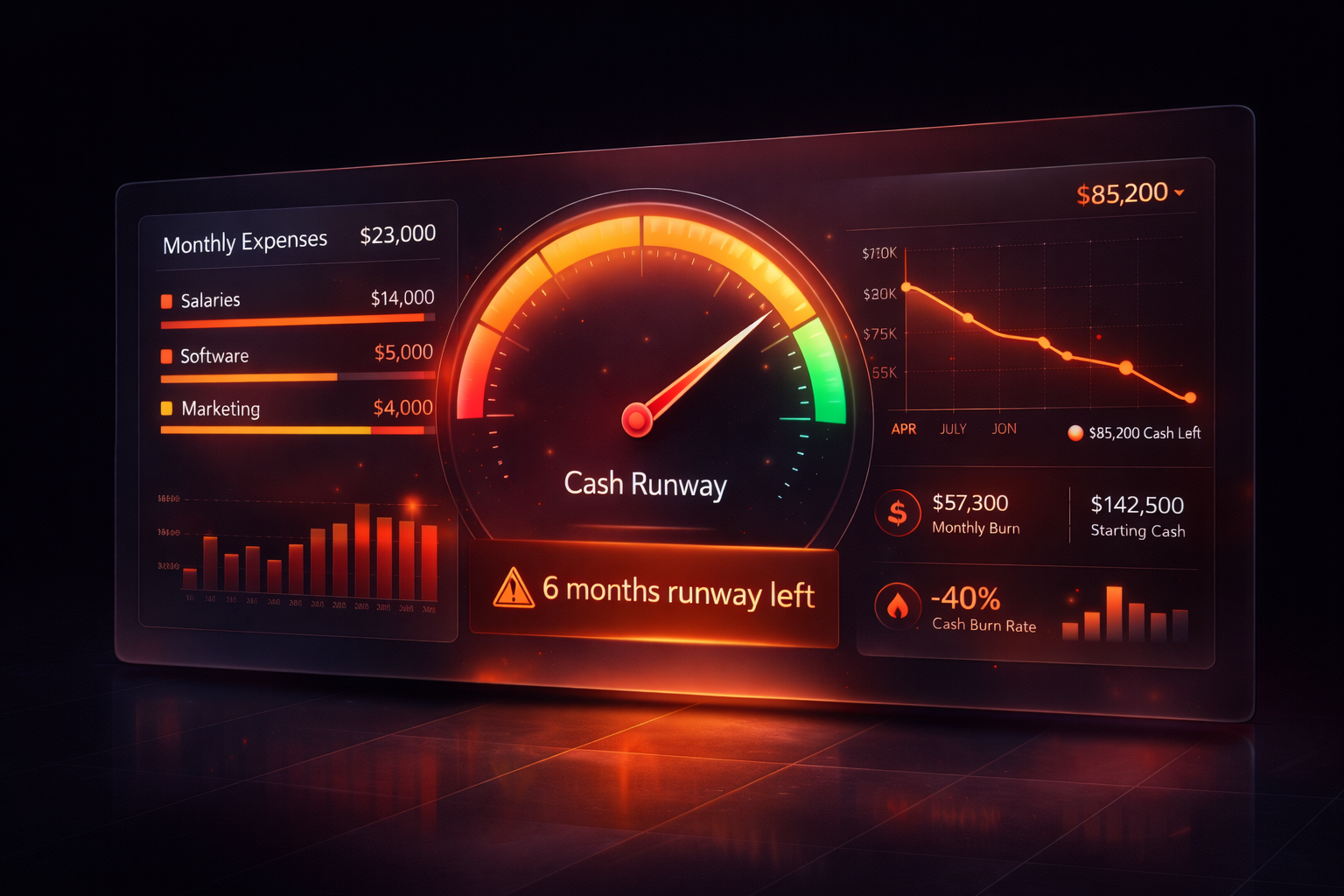 Burn Rate Calculator Dashboard showing cash runway gauge and monthly burn metrics
