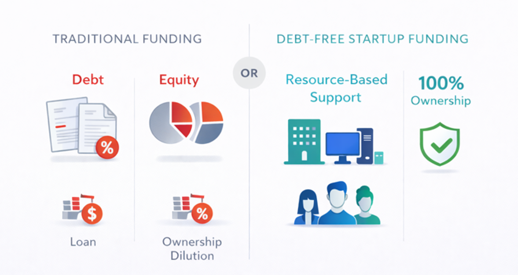How to start a business with no debt - visual guide showing funding options and resource-based models