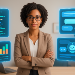 An AI-powered solopreneur in a modern home office, managing her SaaS business through floating holographic AI interfaces for coding, analytics, and customer support.