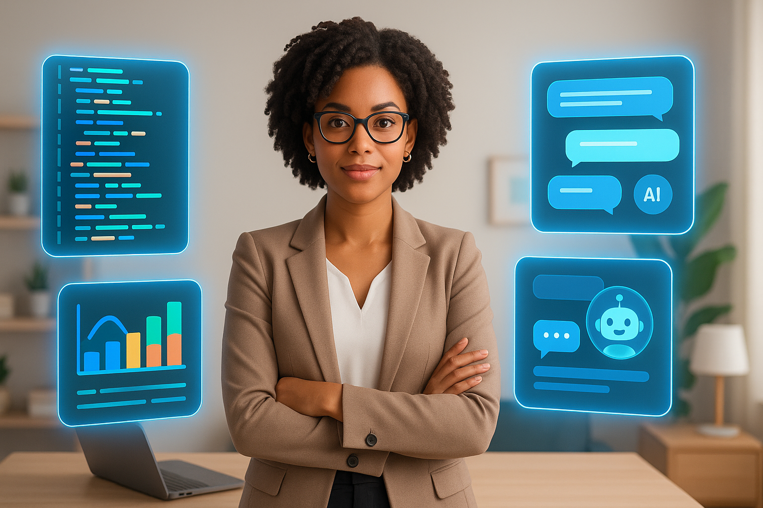 An AI-powered solopreneur in a modern home office, managing her SaaS business through floating holographic AI interfaces for coding, analytics, and customer support.
