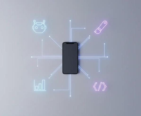 Visual concept: A smartphone at the center of a glowing network connecting to icons for AI development, marketing, design, and analytics tools, representing a solo founder's tech stack.