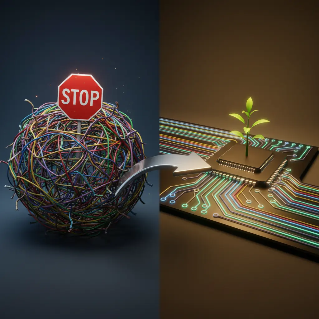 Business process optimization metaphor: A tangled knot of wires transforming into an organized, flowing circuit board that powers growth, symbolizing AI solving operational bottlenecks.