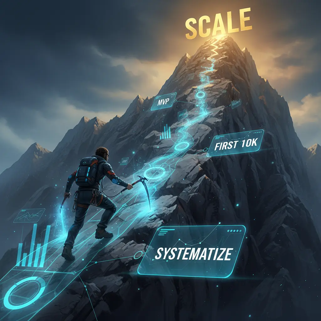 Motivational concept: A determined solopreneur climbing a mountain using high-tech gear, with the path illuminated by data-driven milestones like MVP and first revenue, representing scalable growth.