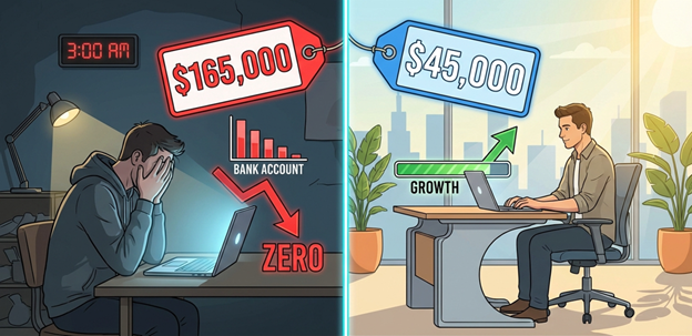 Illustration comparing a stressed founder with high $165k salary cost versus a focused founder with a managed $45k team model that shows how to reduce startup costs