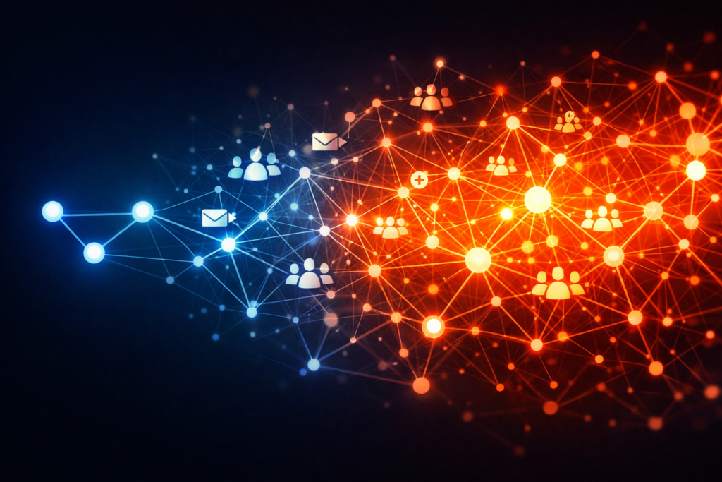 Network effects visualization for stealth mode exit - viral coefficient above 0.5 with organic user expansion