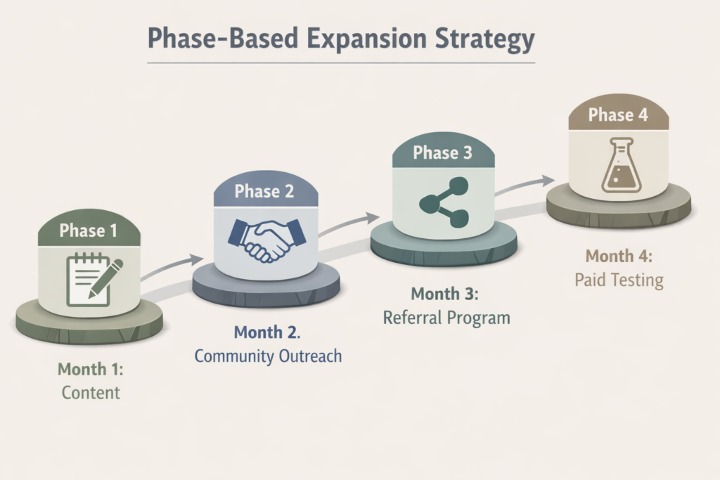 4-phase transition framework from stealth mode to growth mode with content, outreach, referral, and testing stages
