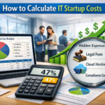 Visual guide on how to calculate IT startup costs with infographic elements: budget pie charts, calculator highlighting 47 categories, growth arrows, and magnifying glass revealing hidden expenses