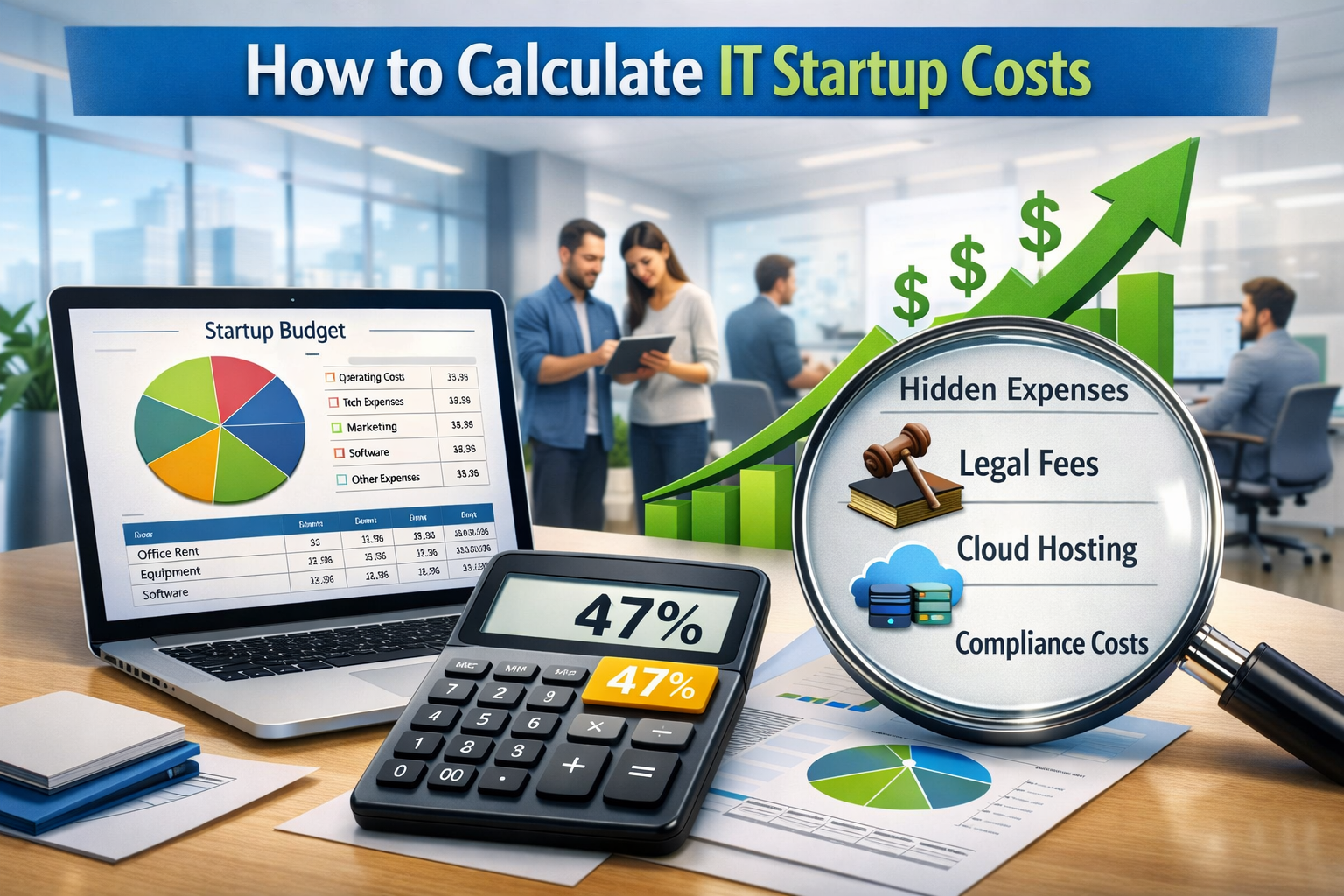 Visual guide on how to calculate IT startup costs with infographic elements: budget pie charts, calculator highlighting 47 categories, growth arrows, and magnifying glass revealing hidden expenses