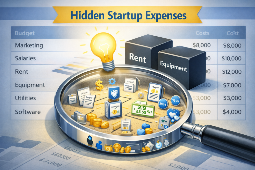 How to calculate IT startup costs including hidden expenses - magnifying glass revealing legal fees, compliance costs, insurance, and payment processing charges