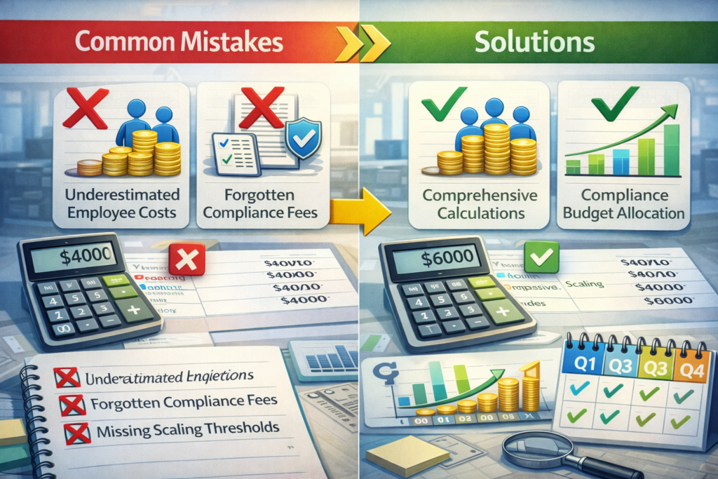 How to calculate IT startup costs correctly - comparison of common budgeting mistakes vs. solutions for employee expenses, compliance, and scaling projections