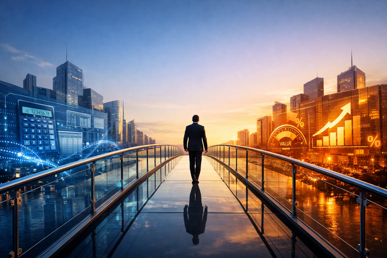 A modern glass bridge connecting cost calculation visuals in blue to pricing strategy visuals in gold, symbolizing the bridge between financial data and a confident pricing strategy for startups.