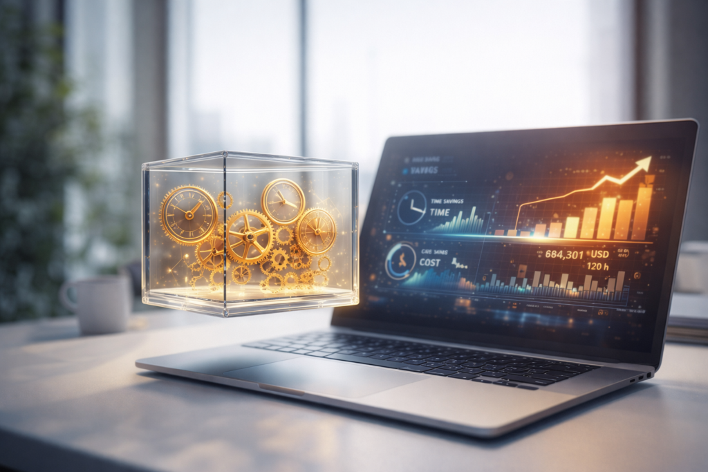 A transparent cube with golden gears floating above a laptop, representing value measurement in a pricing strategy for startups where customer value determines price.