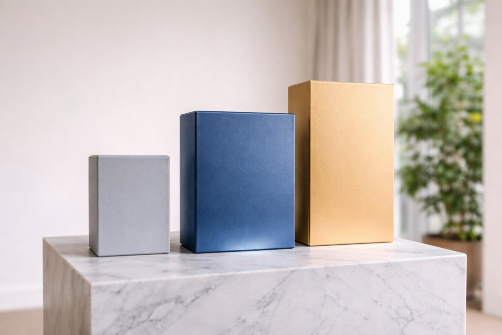 Three elegant product boxes in grey, blue, and gold illustrating the Good/Better/Best tier structure used in a pricing strategy for startups to guide customer choice through psychology.