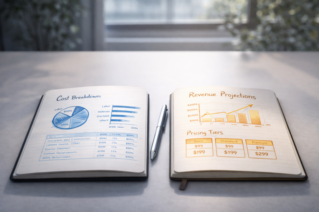 Two open notebooks showing cost data in blue and revenue projections in amber, visually connected by a pen, representing the full journey from expense analysis to a profitable pricing strategy for startups.