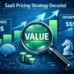 Visual guide to SaaS Pricing Strategy with infographic elements: three-tier pricing model, value-based analysis, and strategic growth framework.
