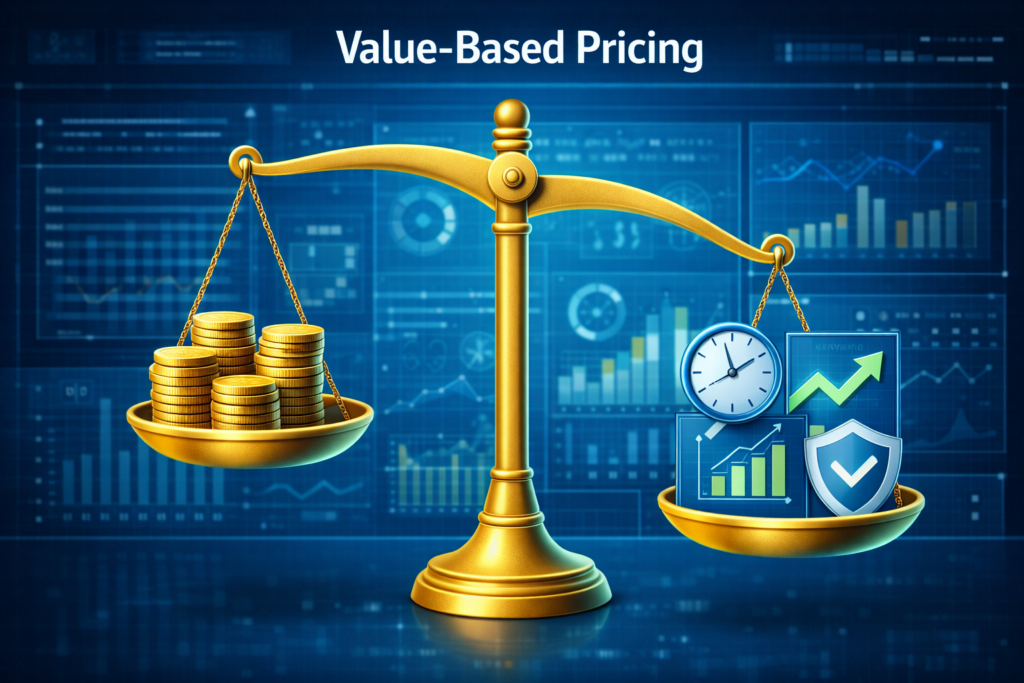 Illustration of value-based SaaS Pricing Strategy with scale weighing monetary costs versus customer time savings and risk reduction benefits.