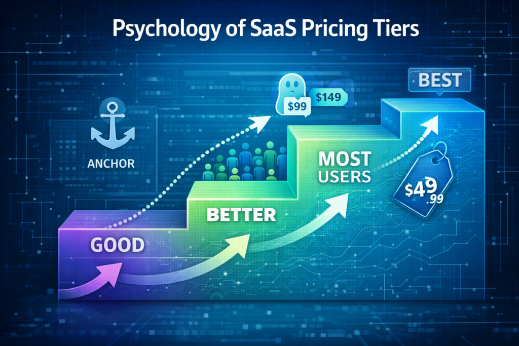 Psychological principles in SaaS Pricing Strategy showing three-tier model with visual cues for consumer decision-making patterns.