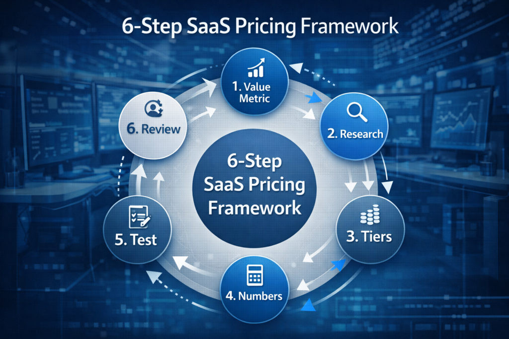Step-by-step SaaS Pricing Strategy framework visualization with six-phase process from research to implementation and iteration.