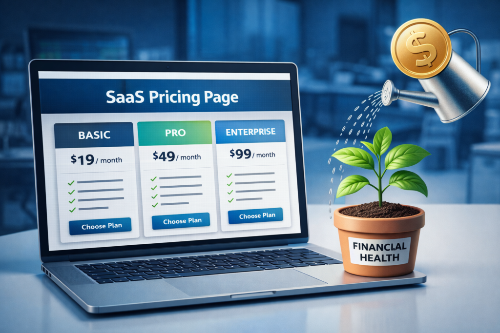 Practical implementation of SaaS Pricing Strategy showing pricing page design connected to long-term financial sustainability visualization.