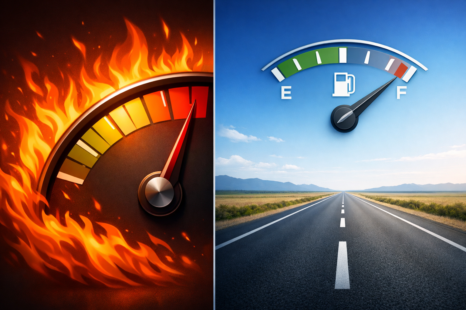 Split visualization comparing burn rate vs. runway represented by a speedometer with flames and runway represented by a long highway with fuel gauge, showing the difference between these two startup financial metrics.