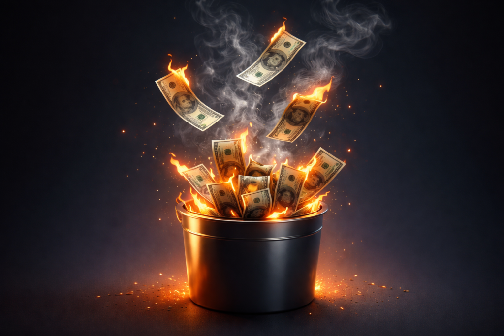 Abstract visualization of cash burning or flowing out, representing Burn Rate vs. Runway concepts as money transforms into smoke and floats away from a container, illustrating how startups consume cash reserves monthly while runway tracks how long funds will last.