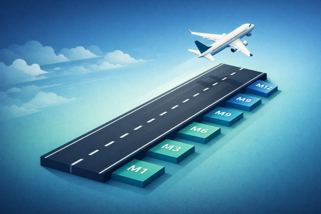 Isometric illustration of an airplane on a runway with distance markers showing months, representing the burn rate vs. runway relationship and how long a company can operate before running out of cash based on its current spending pace.