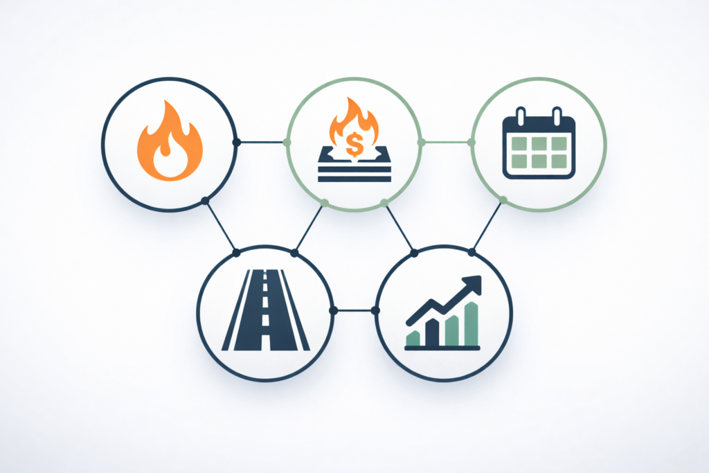 Five interconnected circular icons representing essential startup financial metrics: gross burn rate (flame), net burn rate (flame with money), runway (road), cash zero date (calendar), and burn multiple (growth chart).