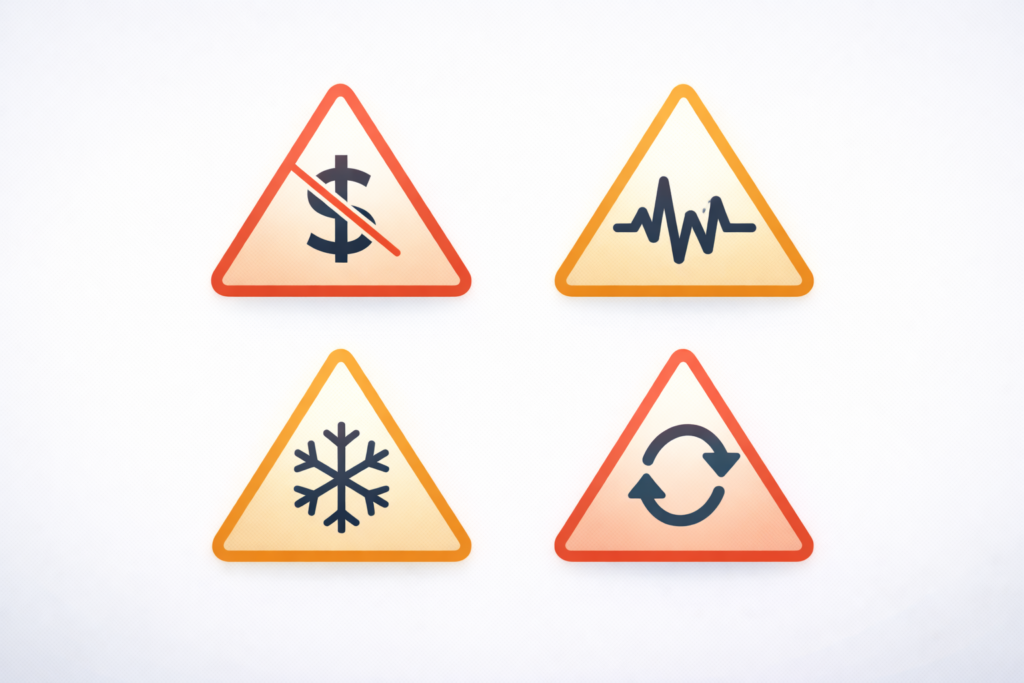 Four warning signs with icons representing common financial mistakes founders make: ignoring revenue in calculations, using averages during growth spikes, treating runway as static, and confusing gross versus net burn rate.
