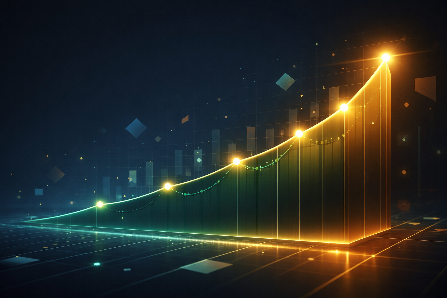 Alt text: Financial forecasting for startups visualized through a modern 3D holographic dashboard with upward trending charts and glowing data points, representing future growth projections and data-driven decision making for founders.