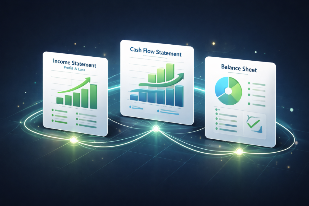 Three interconnected panels representing income statement, cash flow statement, and balance sheet, essential components of financial forecasting for startups and investor-grade projections.