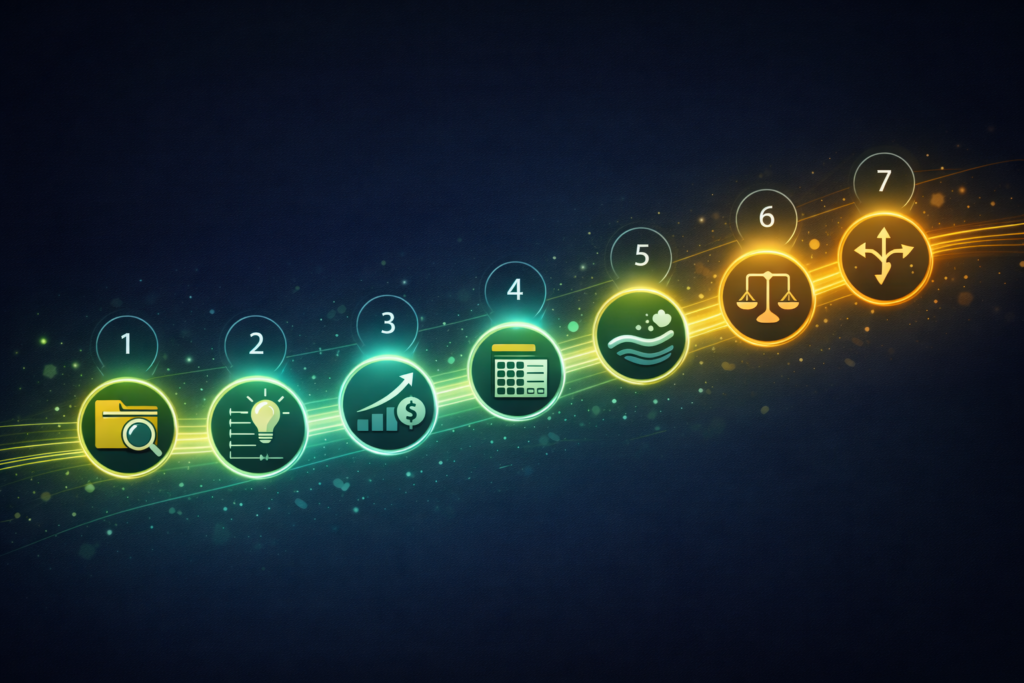 Seven-step timeline visualization showing the complete process of financial forecasting for startups, from data gathering to scenario analysis, with numbered icons representing each stage.