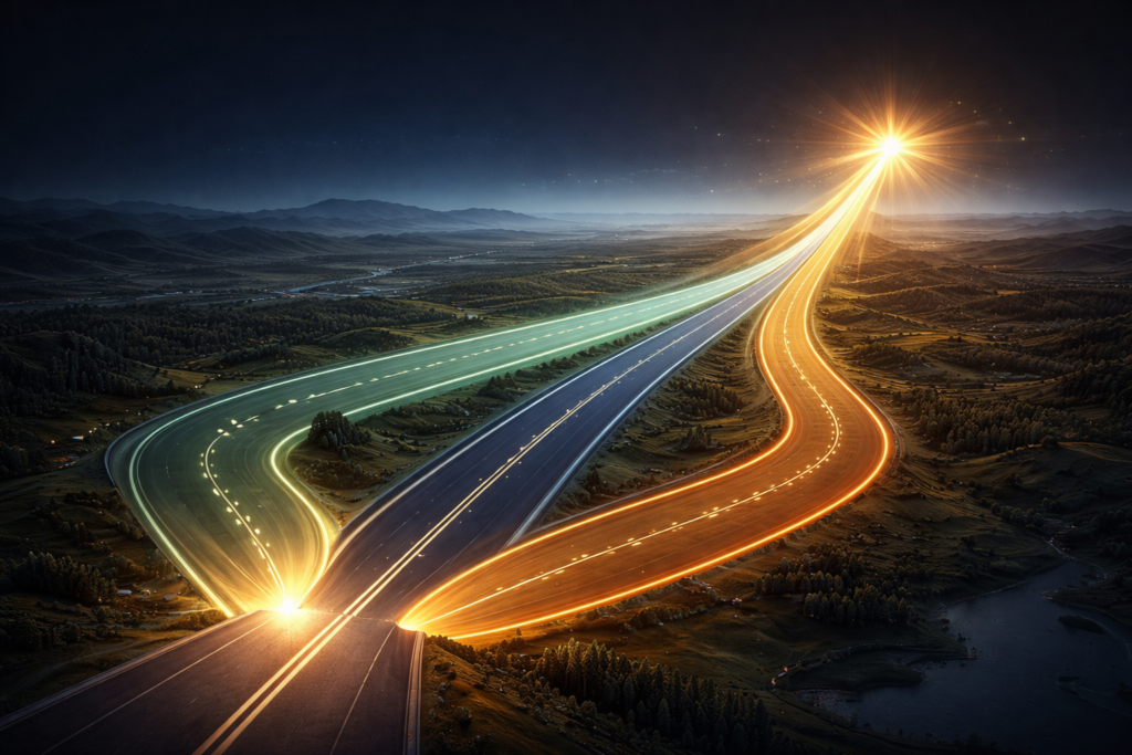 Three diverging paths representing best case, base case, and worst case scenarios in financial forecasting for startups, showing how different assumptions lead to different outcomes.