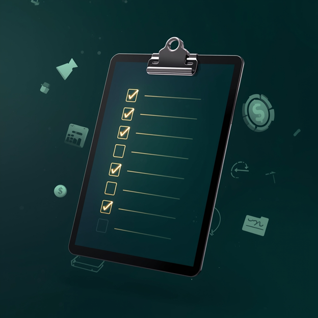 Digital checklist on tablet screen with partially checked items representing investor-ready requirements for financial forecasting for startups, including cash flow projections and assumption documentation.