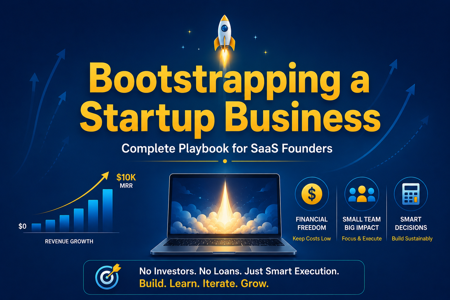 Bootstrapping startup business: Complete playbook for SaaS founders showing rocket launch from laptop, revenue growth chart, and startup costs