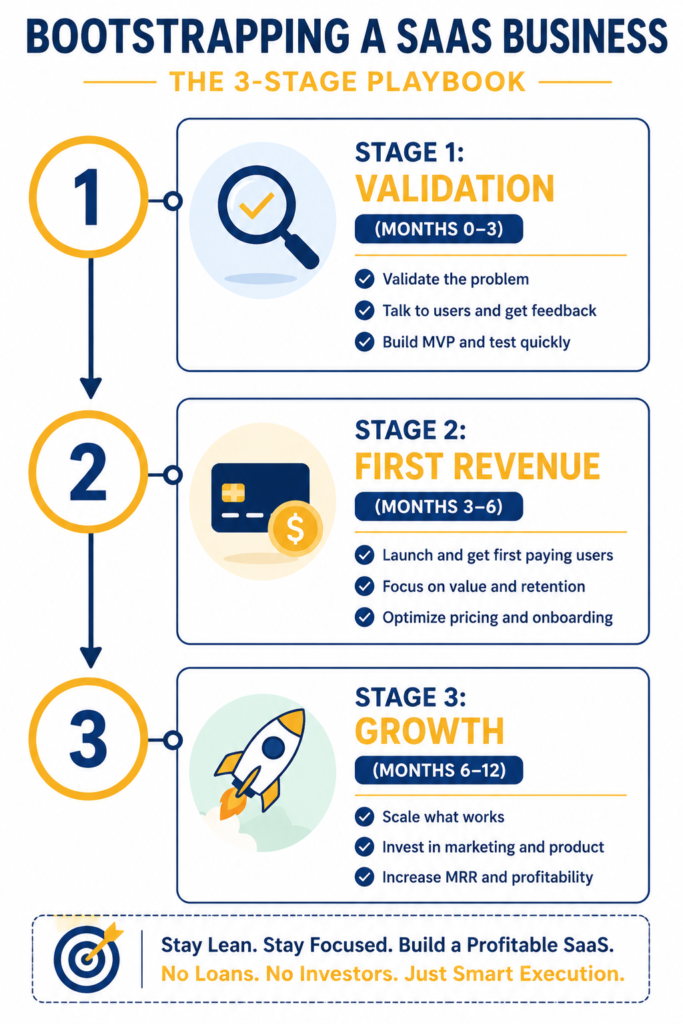 3-stage bootstrapping playbook: Validation, First Revenue, Growth with timeline months 0-12
