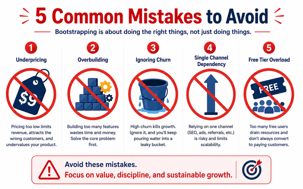 Common mistakes in bootstrapping a startup business: underpricing, overbuilding, ignoring churn, single channel, free tier overload